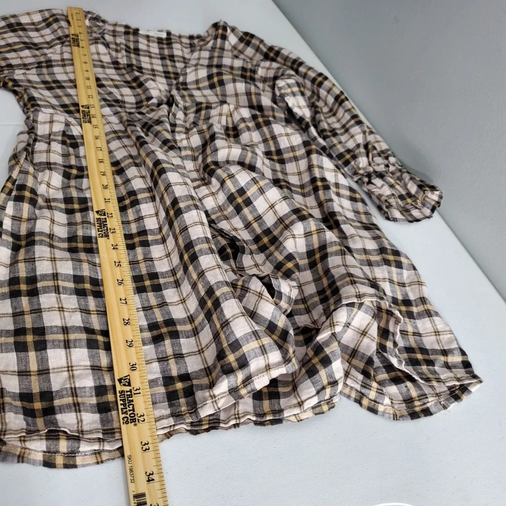 Free People x CP Shades Plaid Linen Mini Dress Tan Black V-Neck Boho Small